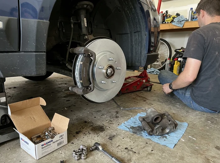 Newly installed rotor and ceramic pad set on the hub