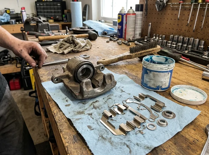 Brake caliper on the bench beside a new hardware kit before reassembly