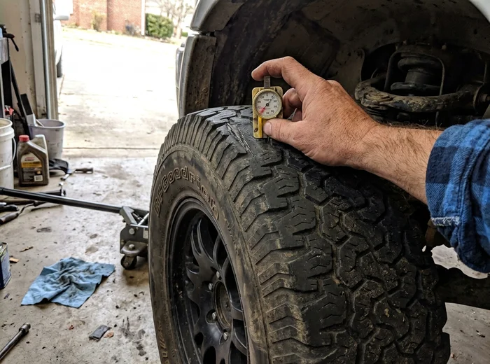 Front tire showing uneven inner shoulder wear from misalignment