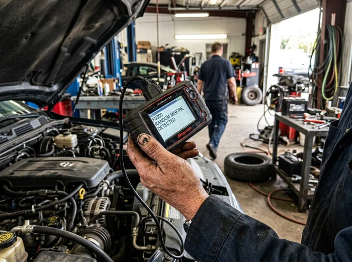 Scan tool displaying a stored P0300 random misfire code