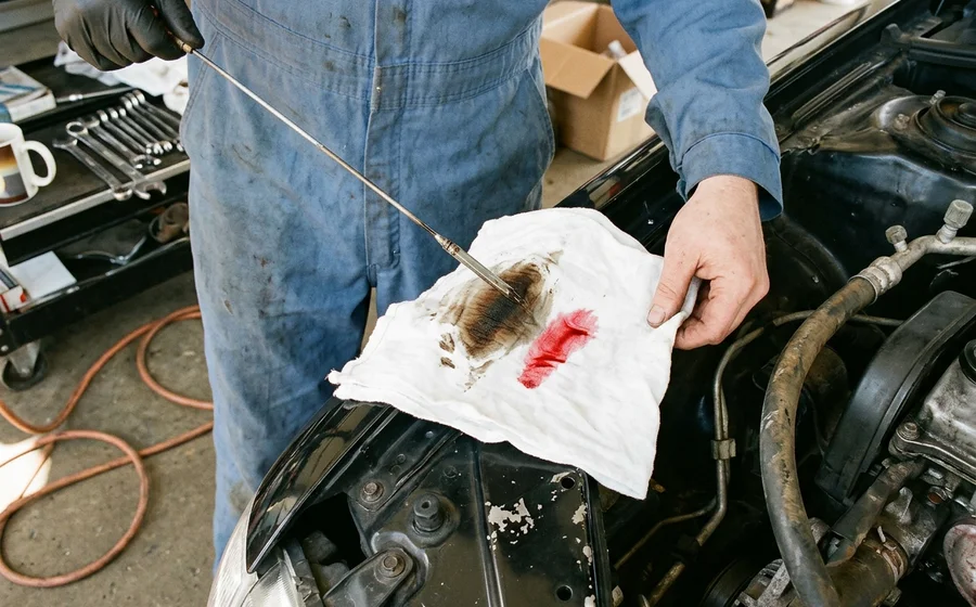 Dark burnt transmission fluid on a rag compared with a fresh red sample