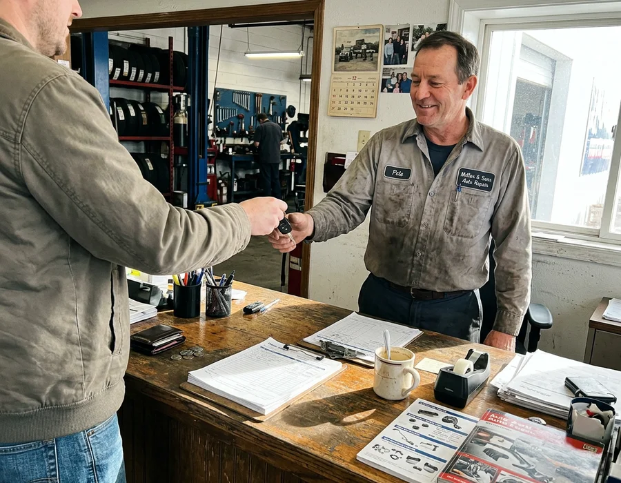 A customer handing over keys at the service counter of Pinto's Auto Repair in Naples