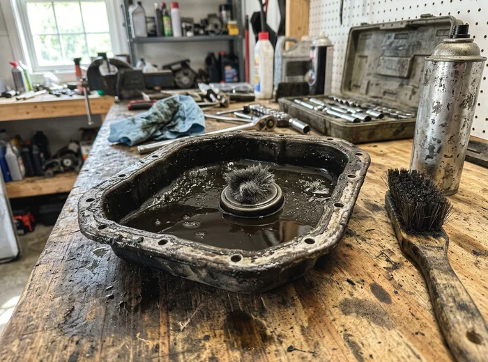 Dropped transmission pan showing debris collected on the magnet