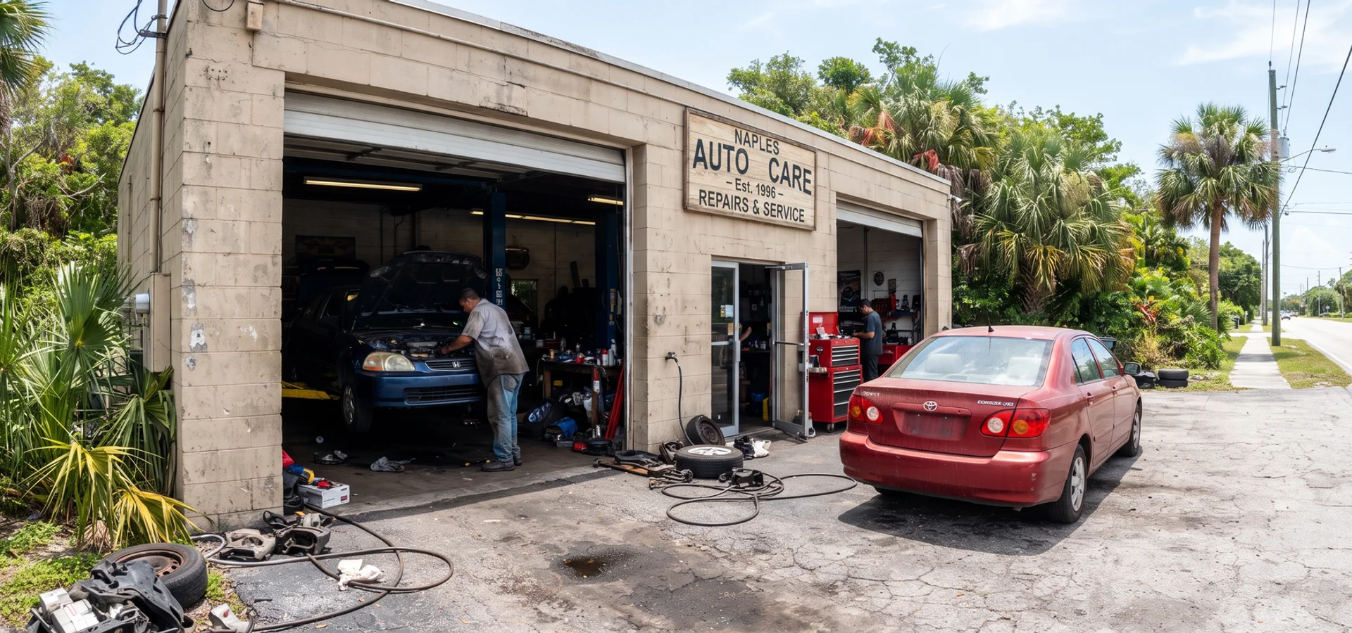 Exterior of Pinto's Auto Repair in Naples, Florida, with open service bays