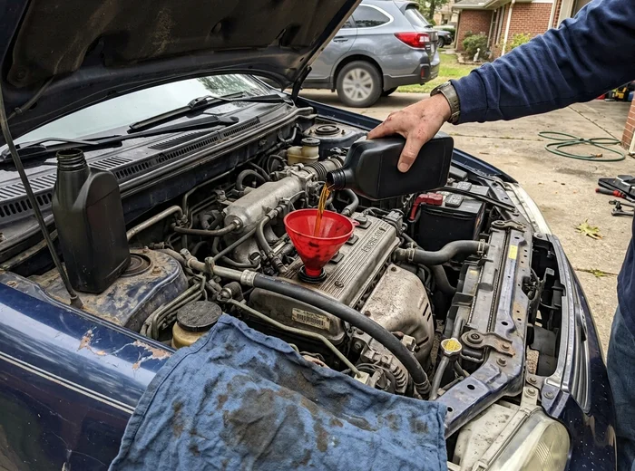 Fresh full synthetic oil being poured into the engine filler neck