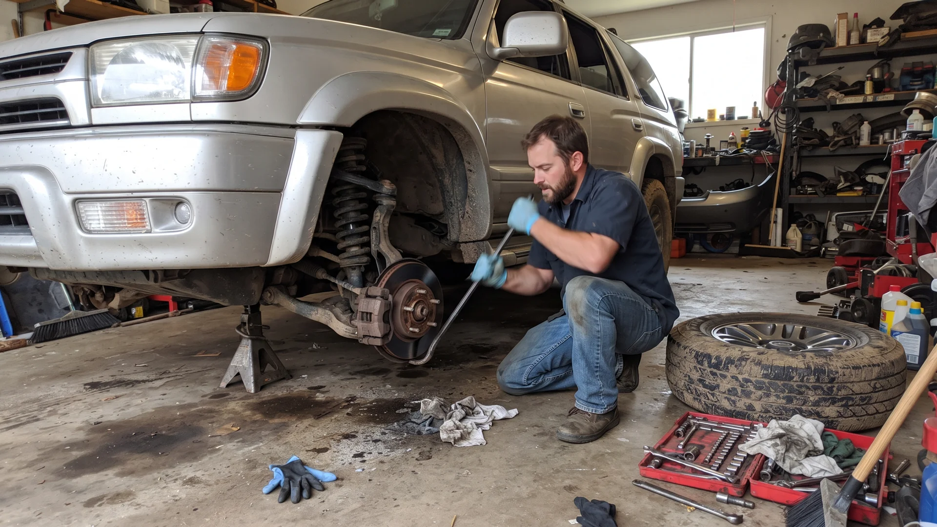 Technician checking a front suspension assembly for play on a lifted vehicle at Pinto's Auto Repair