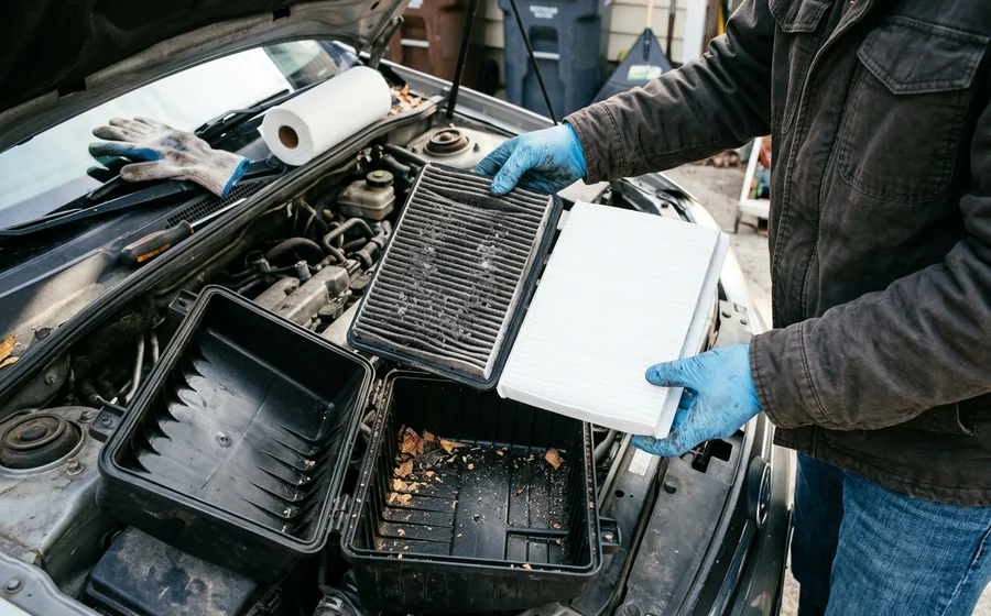 A dirty engine air filter held next to a clean replacement over an open airbox