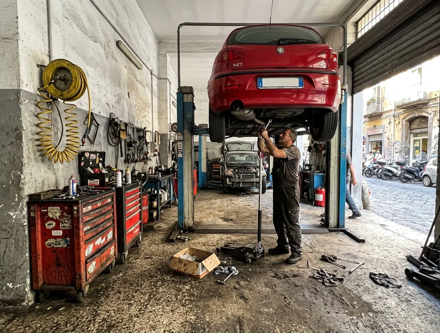 Inside the service bay at Pinto's Auto Repair in Naples, Florida