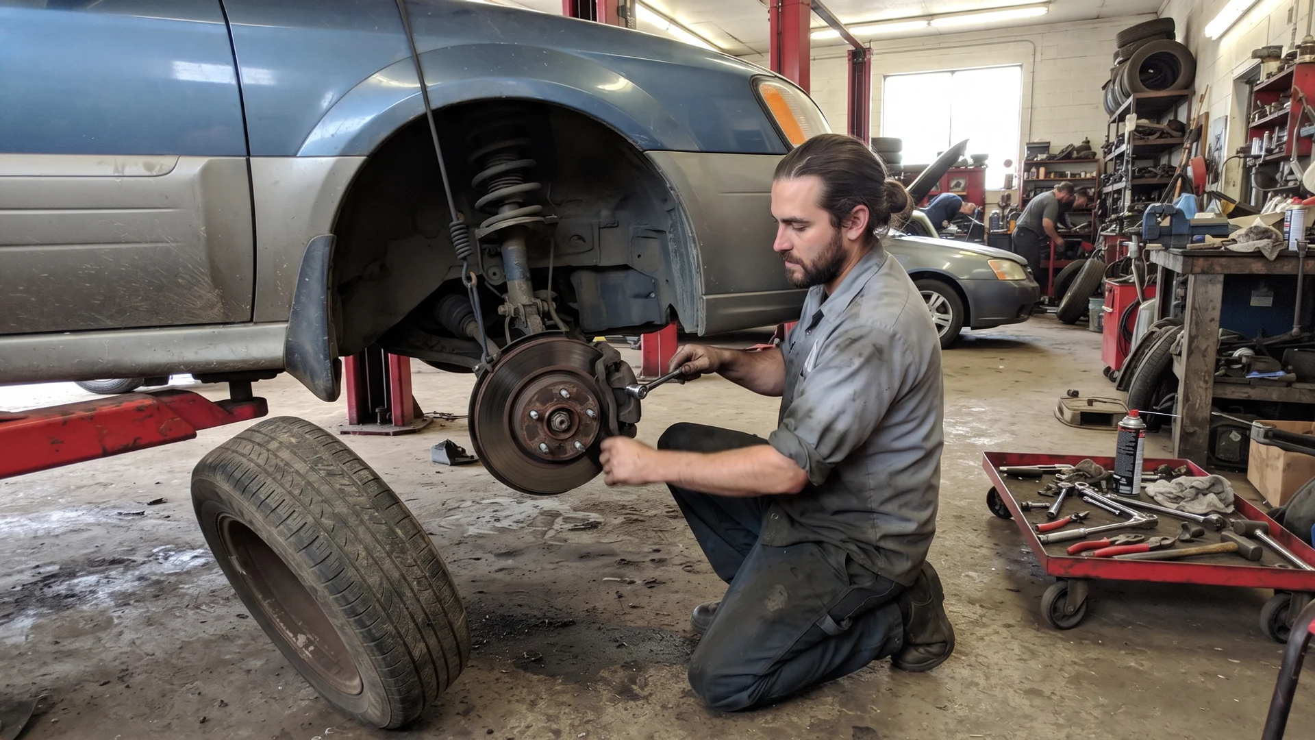 ASE-certified technician inspecting a brake rotor and caliper on a lifted vehicle at Pinto's Auto Repair in Naples