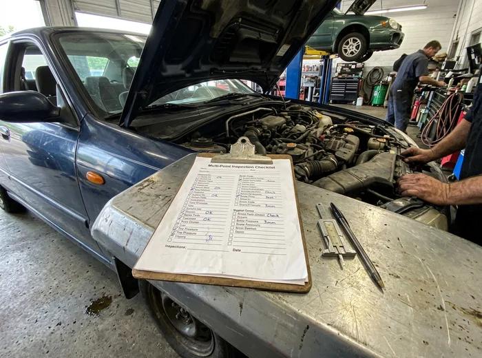 Multi-point inspection checklist on a clipboard with a tread depth gauge