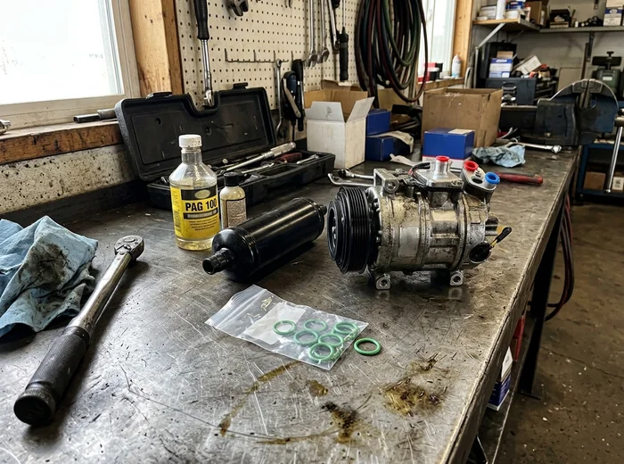 New AC compressor and receiver-drier ready for installation