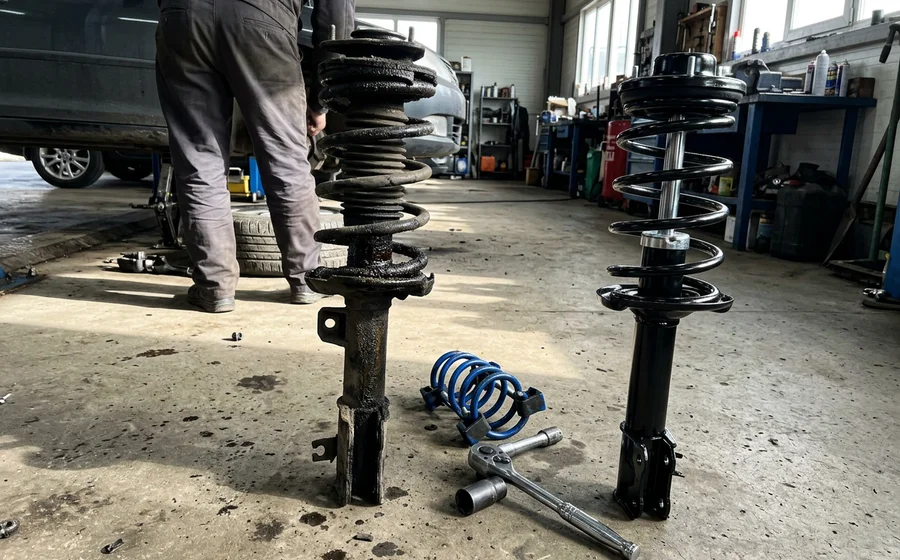 A leaking, grime-covered strut standing beside a clean replacement unit