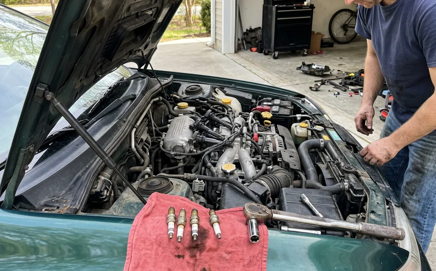 Ignition coils removed and spark plugs laid out during a misfire diagnosis