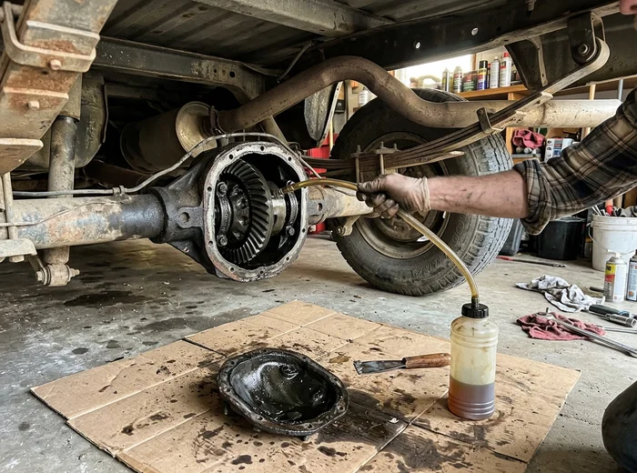 Differential cover removed showing ring and pinion gears during service