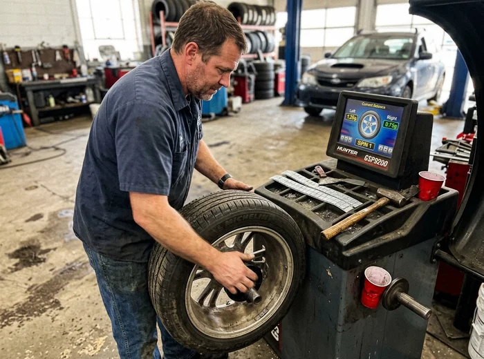 Wheel and tire assembly being balanced on a spin balancer