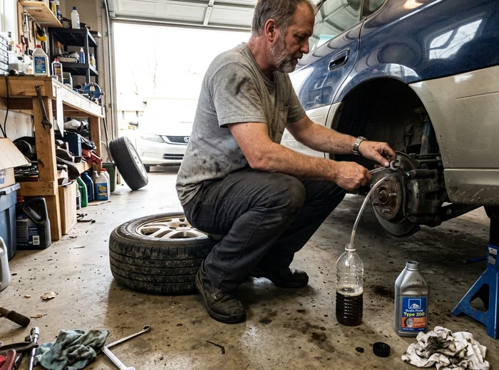 Brake fluid flush being performed at a caliper bleeder screw