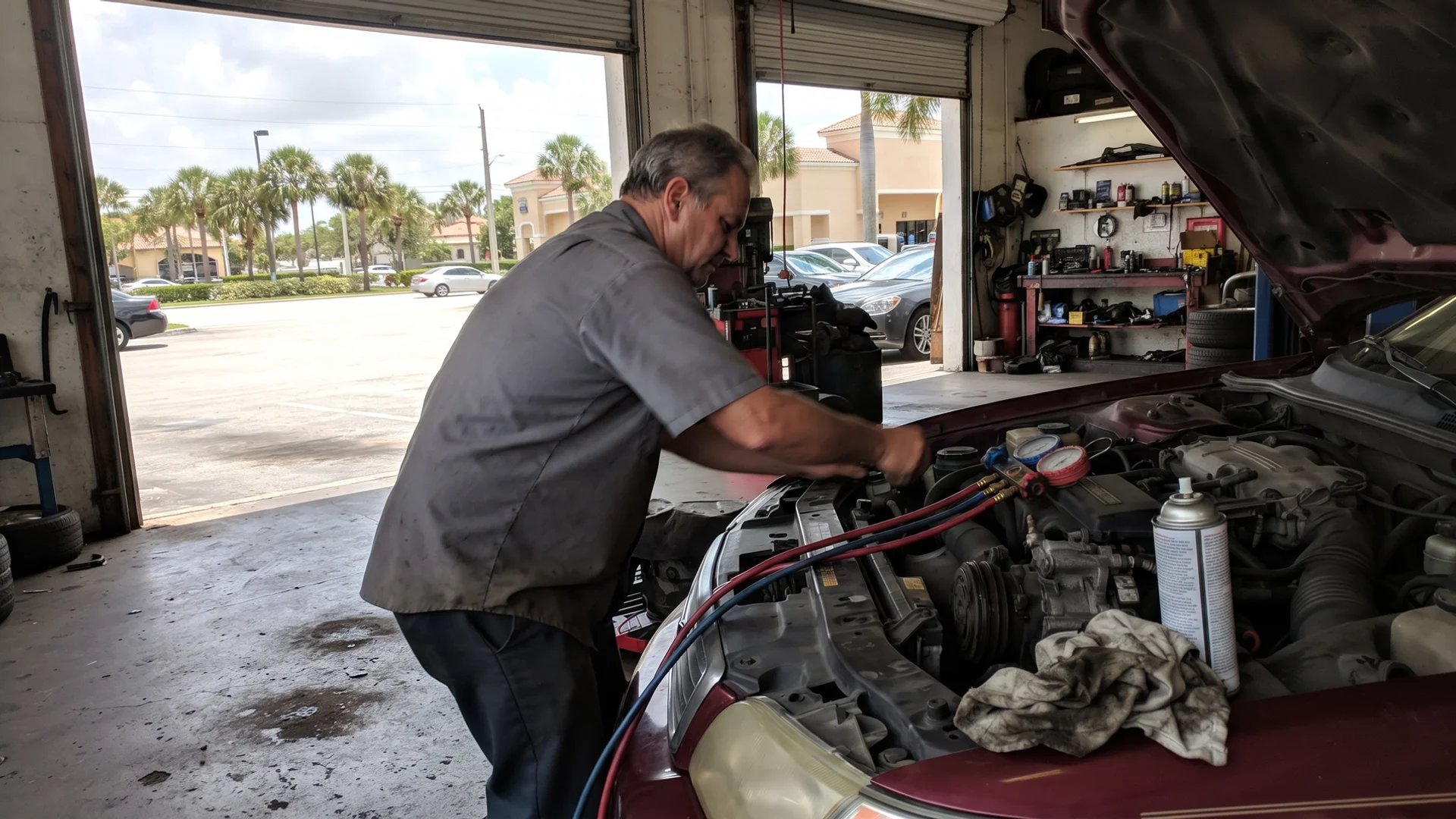 Technician connecting AC manifold gauges to a vehicle's service ports at Pinto's Auto Repair in Naples