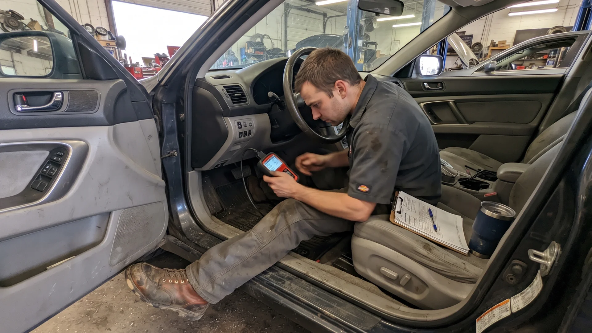 Technician reading live engine data on an OBD-II scan tool inside a customer vehicle at Pinto's Auto Repair