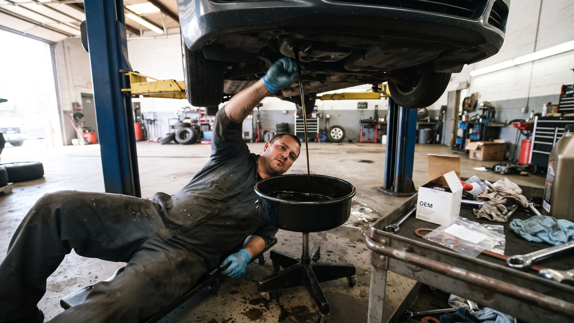 Technician draining used motor oil beneath a lifted vehicle at Pinto's Auto Repair in Naples