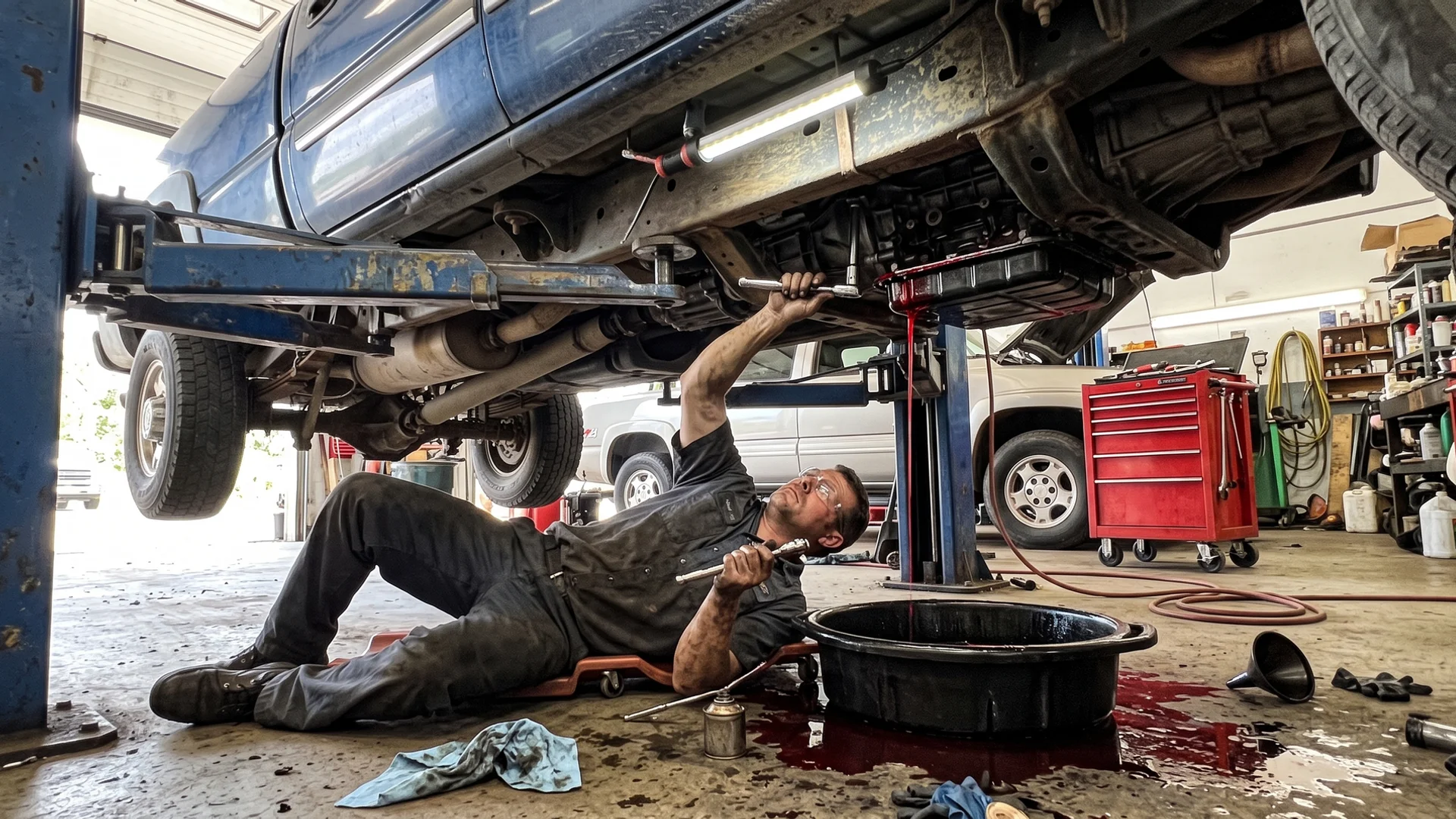 Technician servicing a transmission with the pan dropped beneath a lifted truck at Pinto's Auto Repair
