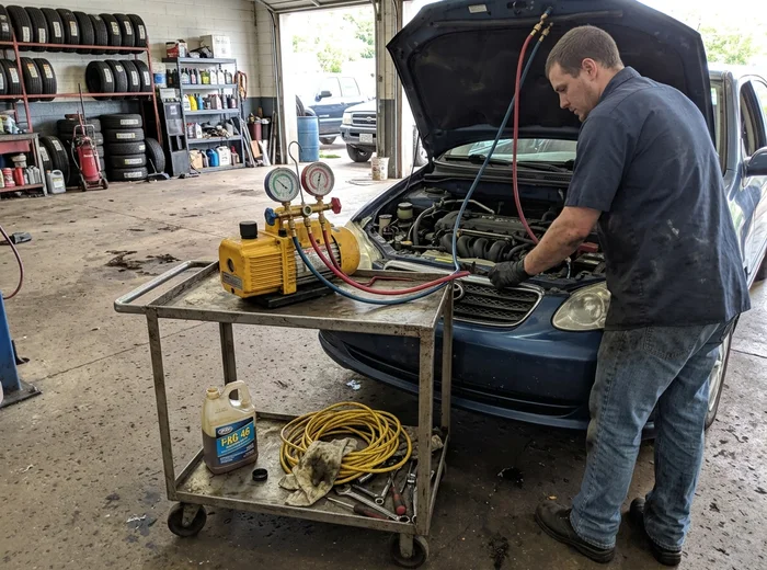 Vacuum pump evacuating an AC system before recharge