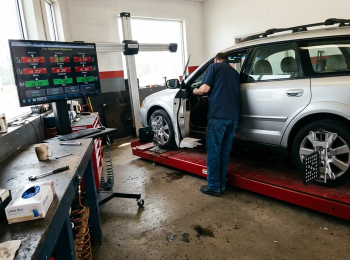 Vehicle on an alignment rack with camber and toe readings displayed