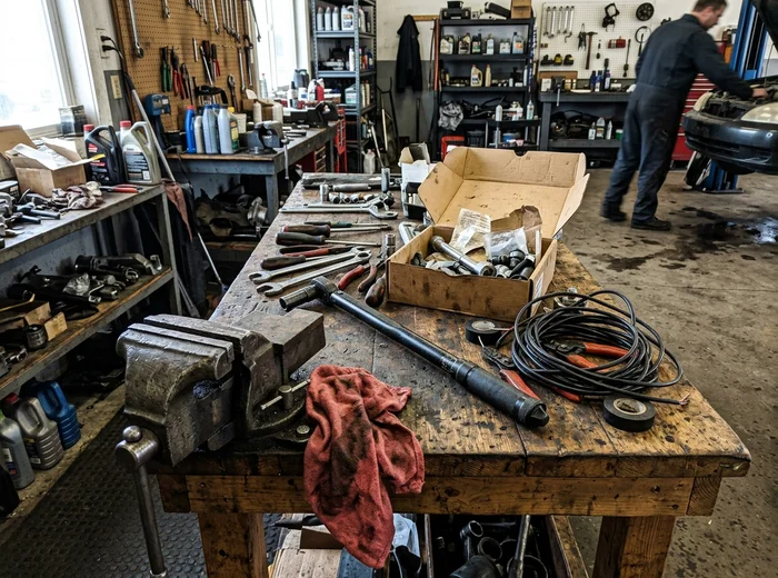 Hand tools and a torque wrench left on the workbench mid-job